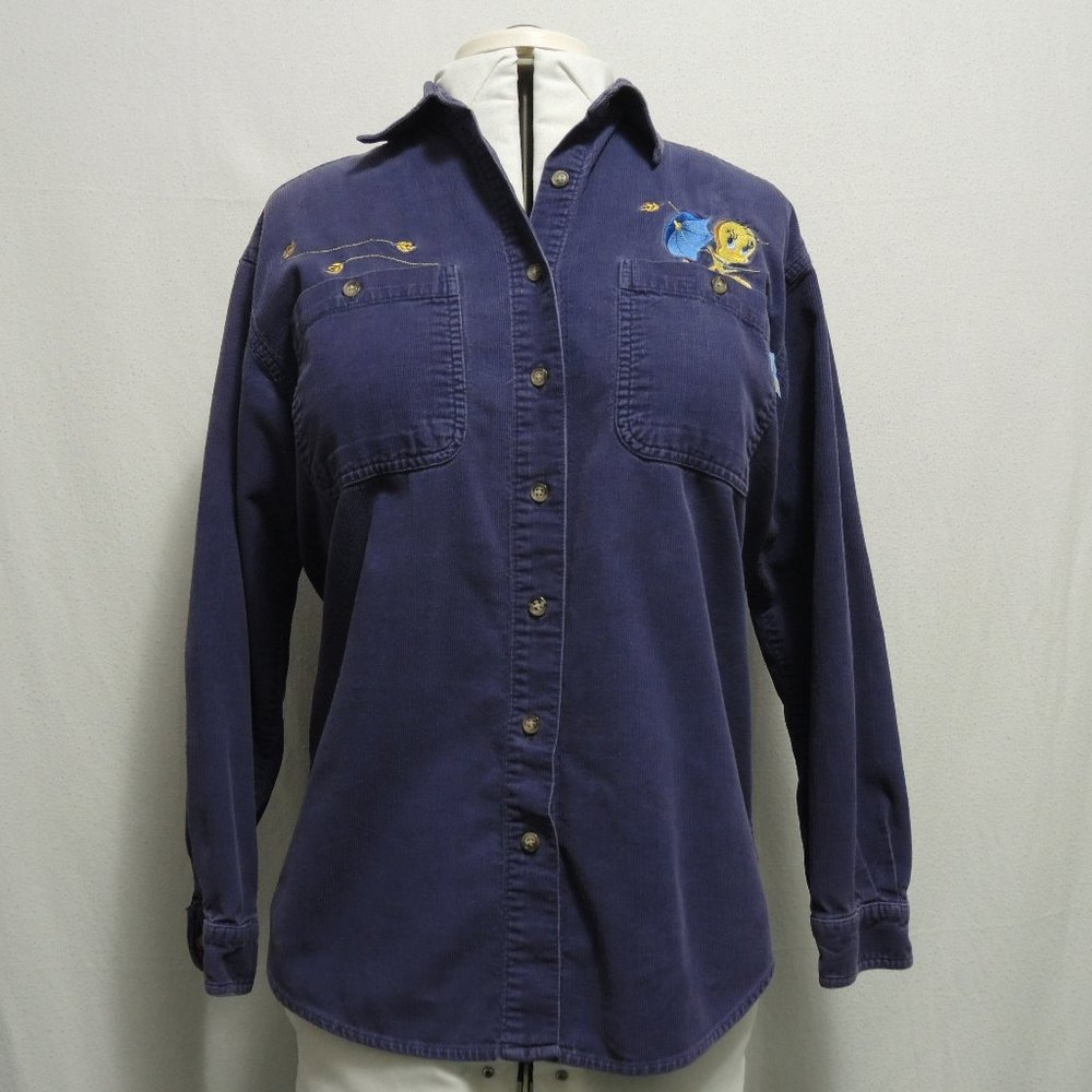 Looney Tunes Tweety Purple Corduroy Button Down Shirt Size Small
